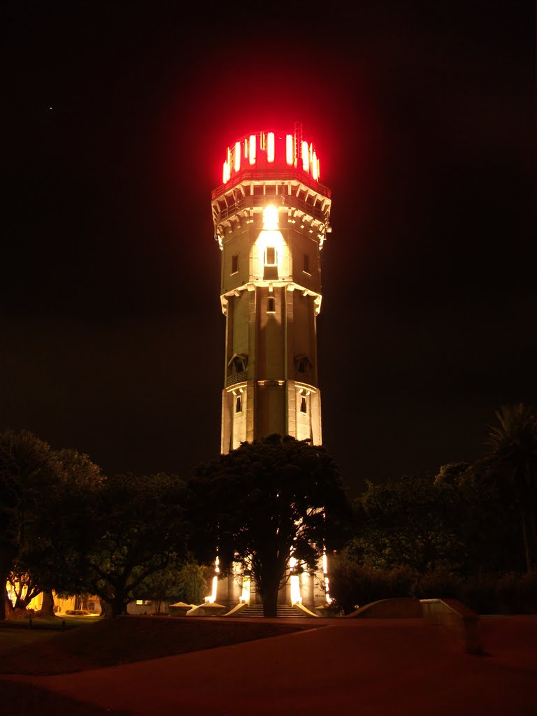 Water tower by night