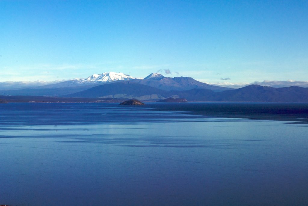 Ruapehu, Tongariro and Ngarahoe from above Lake Taupo