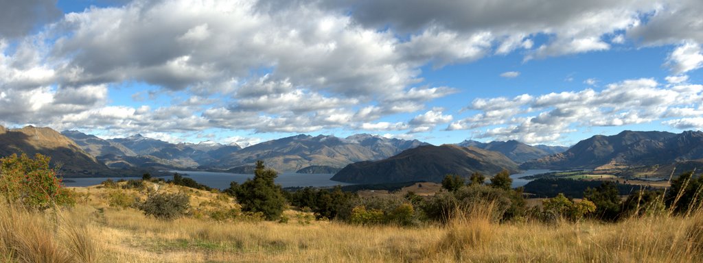 View to Lake Wanaka and Lake Hawea from Mt. Iron panorama looking NW