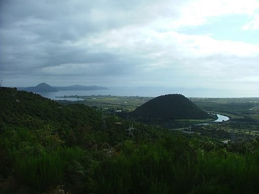 view over Stump Bay of Lake Taupo with Maunganamu hill in middle ground